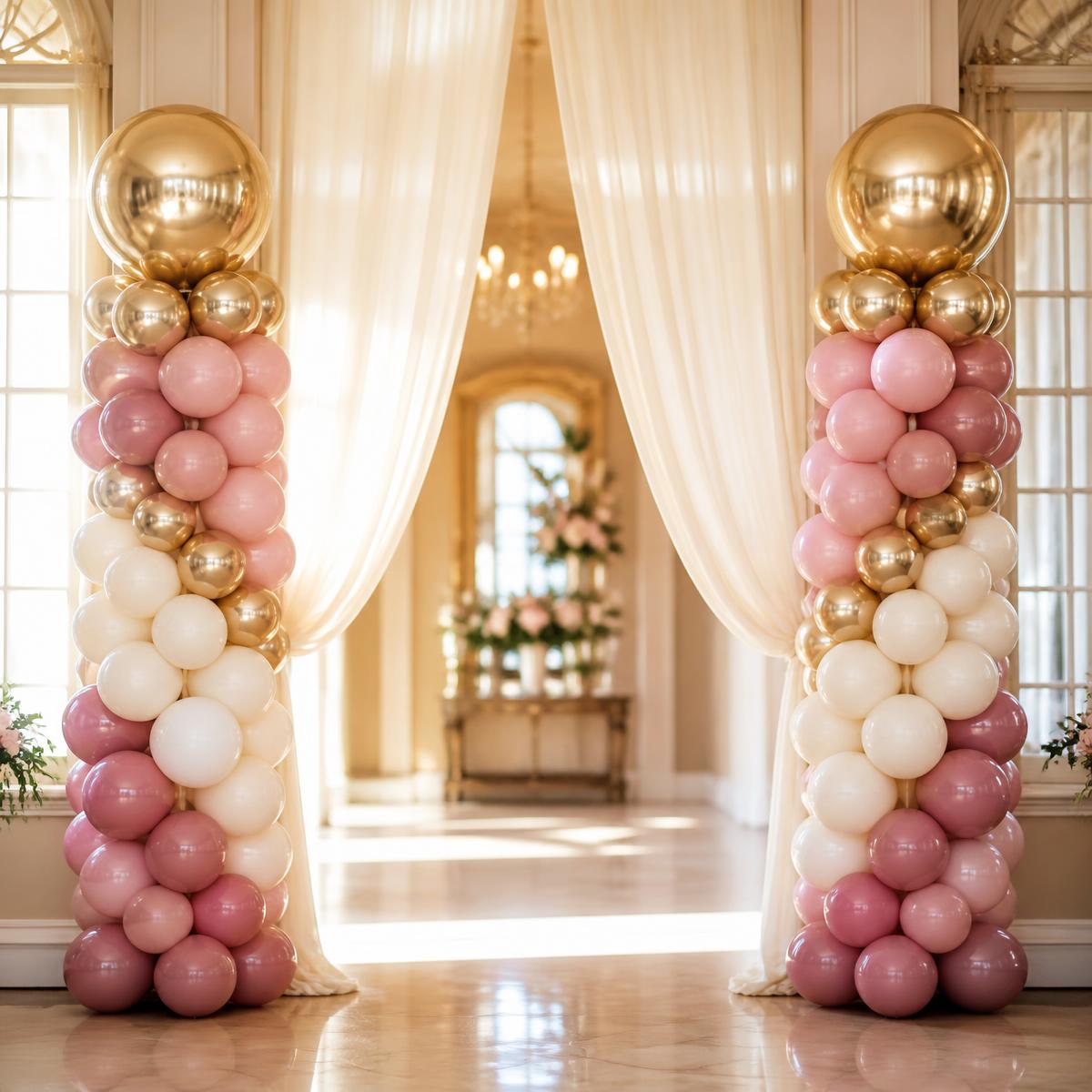Pair of blush, ivory, and gold balloon columns framing an entryway at a Muskegon, MI event