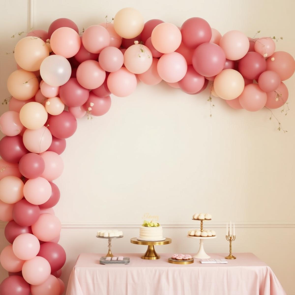 Dusty rose and ivory balloon garland above a styled dessert table