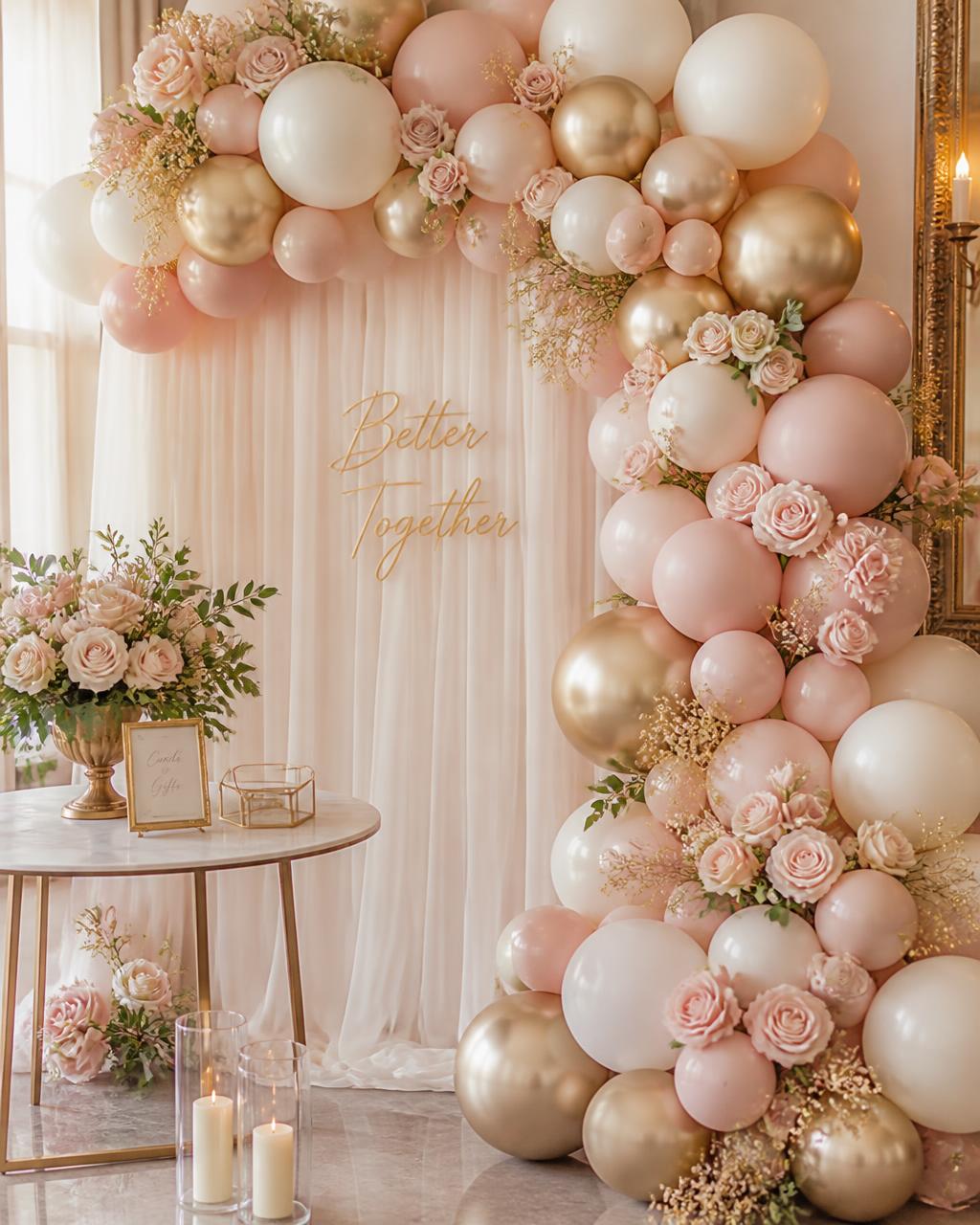 Blush and champagne gold balloon garland with roses framing a draped celebration backdrop