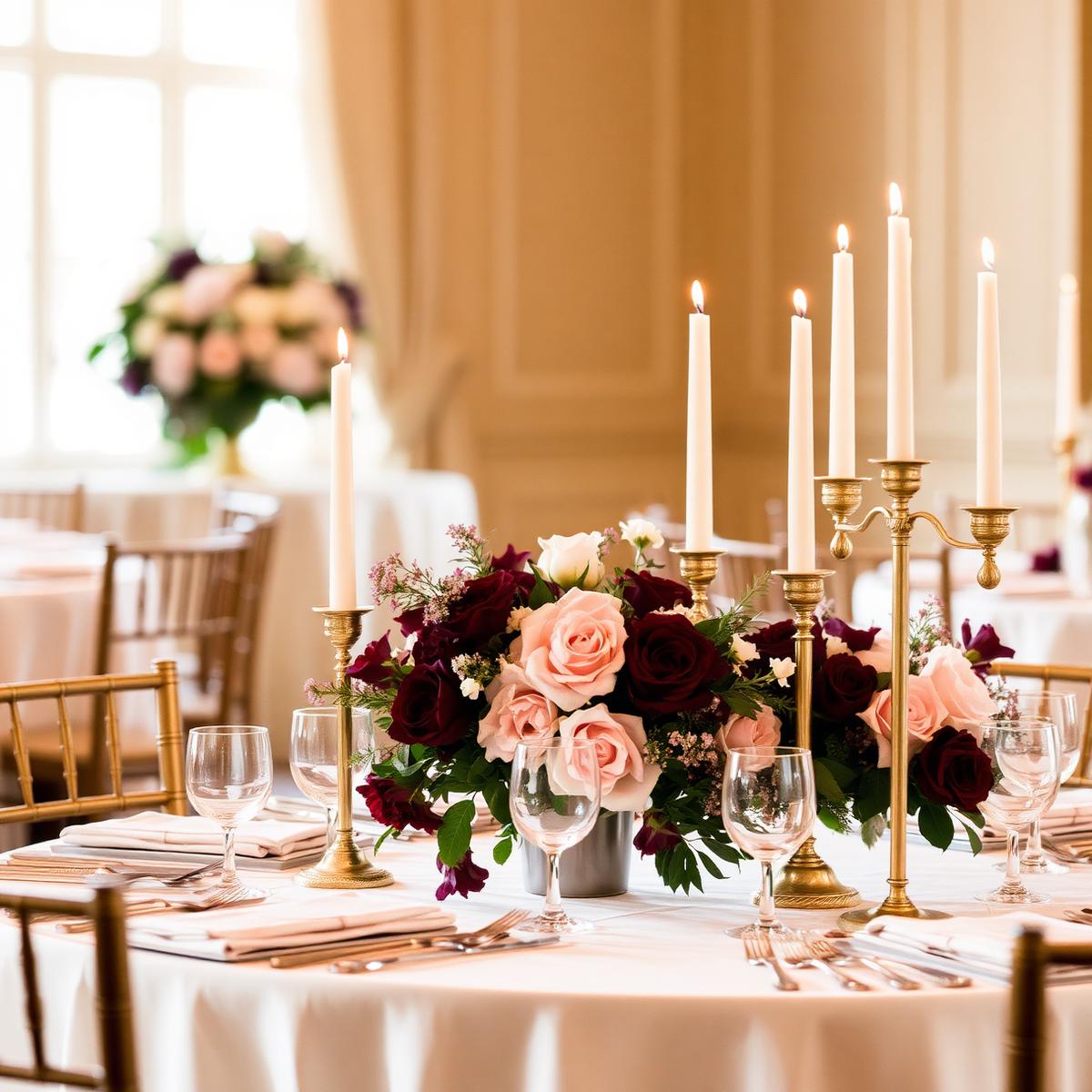 Bridal shower and wedding style table with burgundy and blush florals and gold candlesticks